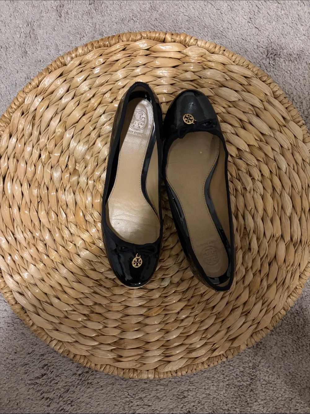 Tory Burch Black Patent Leather Logo Ballet Flats